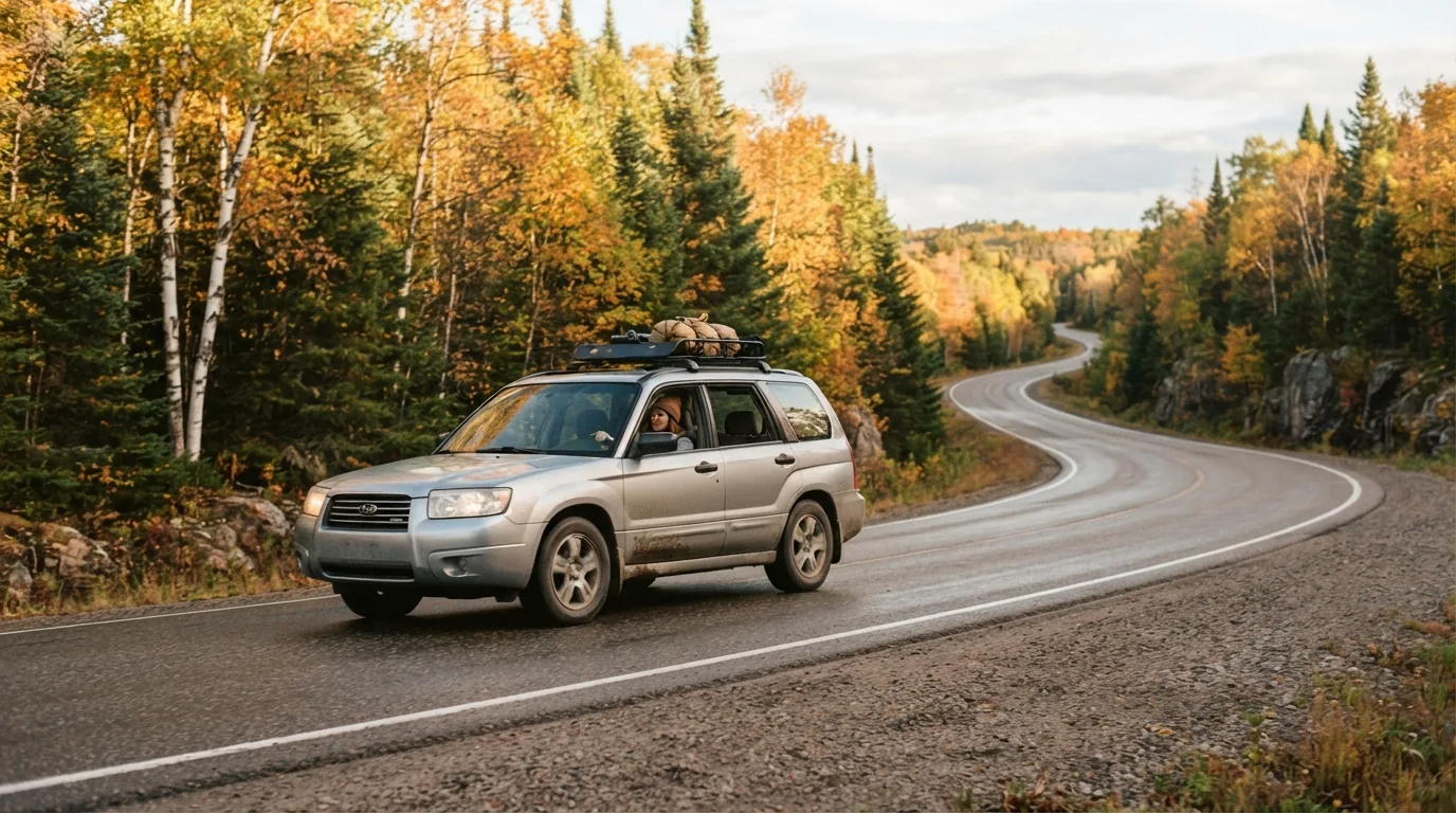An SUV on a Northern Ontario highway in autumn